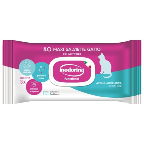 Inodorina Funktionstücher für Katzen (12 Packungen à 40 Stück, Aromatisches Wasser) - Langlebige, dreifach wirkende Stofftücher für Haustiere, die reinigen und desodorieren von Inodorina