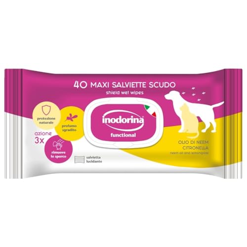 Inodorina Shield Wipes für Hunde (12 Packungen à 40 Stück, Neemöl und Citronella) - Hygienetücher für Haustiere aus glattem Stoff - Natürlicher Schutz vor unerwünschten Gästen von Inodorina