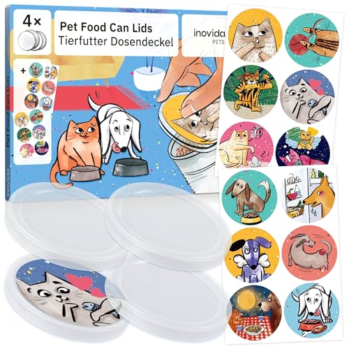 Inovida Dosendeckel Katzenfutter und Dosendeckel Hundefutter : 4 Katzenfutter Deckel und Hundefutter Verschluss Deckel für Dosen mit 12 Stickern – 200g und 400g – BPA freier Dosenverschluss von Inovida