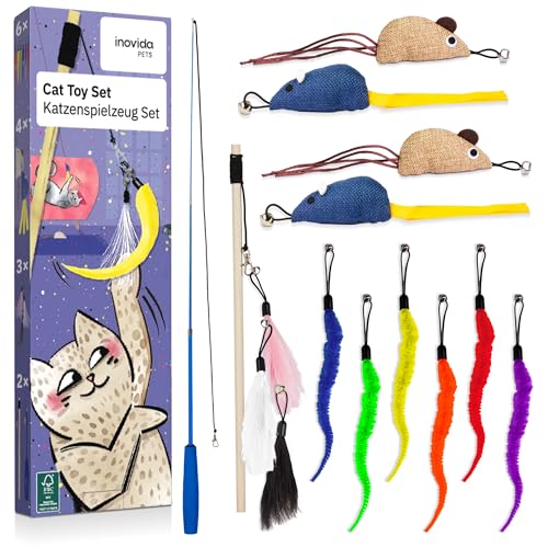 Inovida Katzenspielzeug Set : XL 15 Teile Katzenspielzeug mit Katzenminze – Veganes Spielzeug für Katzen mit Katzenangel, Federn, Maus, Würmern – Kitten Spielzeug Set Katzen Gadgets von Inovida