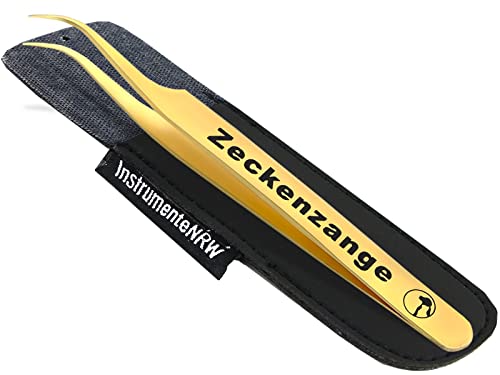 InstrumenteNrw Premium Zeckenpinzette Zeckenzange Edelstahl Zecken Pinzette Hunde Katzen rostfreier Qualitätsstahl (Goldfarben + Etui) von InstrumenteNrw