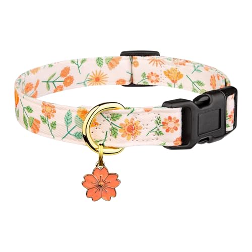 Weiches, verstellbares Hundehalsband, Hundehalsband mit bunten Blumen bedruckt (orangefarbene Kirschblüte, S (Halsumfang 25–40 cm, Breite 1,5 cm) von InteDesign