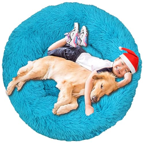Intohou Flauschiges Donut-Hundebett, Anti-Angst, beruhigend, Plüsch-Hunde, rundes Kissen für Haustiere, Ø 100 cm, Blau von Intohou
