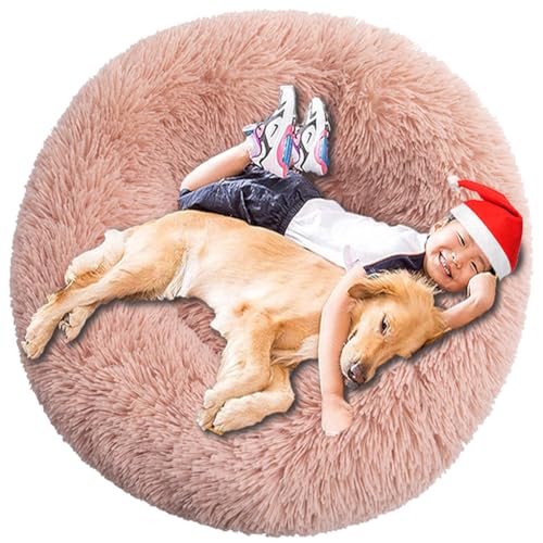 Intohou Flauschiges Donut-Hundebett, Anti-Angst, beruhigend, Plüsch-Hunde, rundes Kissen für Haustiere, Ø 110 cm, Lederrosa von Intohou