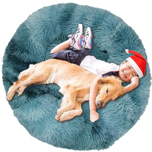 Intohou Flauschiges Donut-Hundebett, Anti-Angst, beruhigend, Plüsch-Hunde, rundes Kissen für Haustiere, Ø 120 cm, Batik-Blau von Intohou