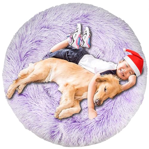 Intohou Flauschiges Donut-Hundebett, Anti-Angst, beruhigend, Plüsch-Hunde, rundes Kissen für Haustiere, Ø 120 cm, Farbverlauf, Violett von Intohou
