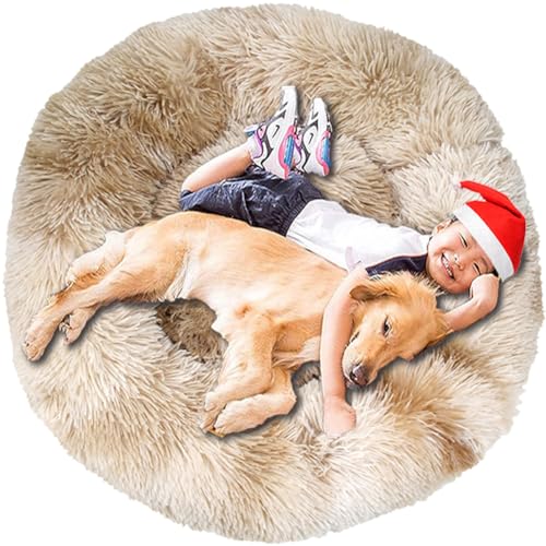 Intohou Flauschiges Donut-Hundebett, Anti-Angst, beruhigend, Plüsch-Hunde, rundes Kissen für Haustiere, Ø 40 cm, Batikbeige) von Intohou