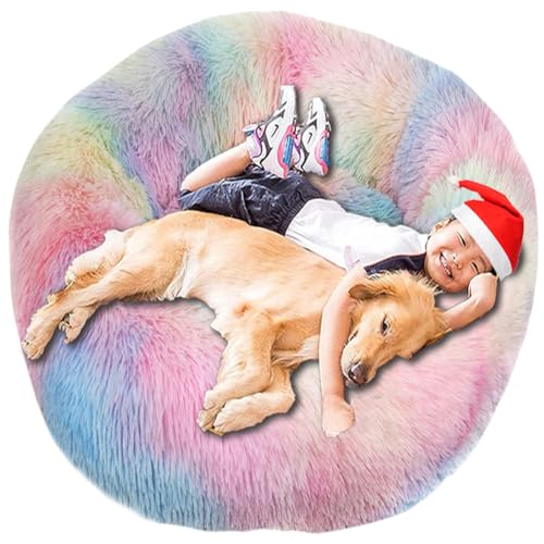 Intohou Flauschiges Donut-Hundebett, Anti-Angst, beruhigend, Plüsch-Hunde, rundes Kissen für Haustiere, Ø 40 cm, Batikfärbung, Regenbogen von Intohou
