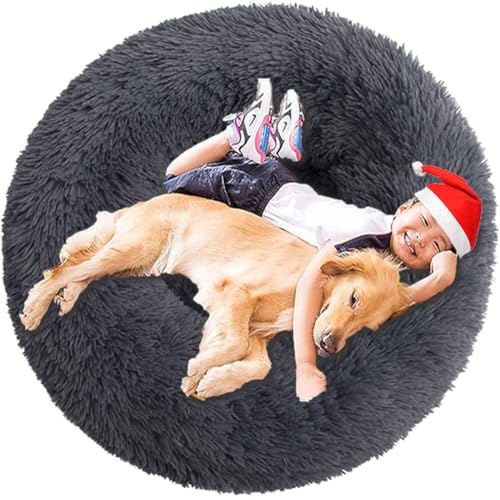 Intohou Flauschiges Donut-Hundebett, Anti-Angst, beruhigend, Plüsch-Hunde, rundes Kissen für Haustiere, Ø 40 cm, Dunkelgrau von Intohou