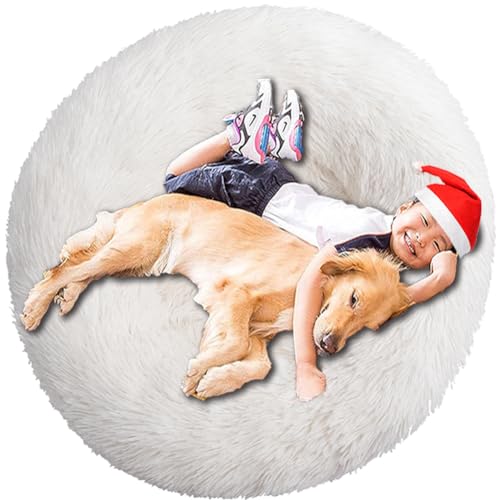 Intohou Flauschiges Donut-Hundebett, Anti-Angst, beruhigend, Plüsch-Hunde, rundes Kissen für Haustiere, Ø 40 cm, Weiß von Intohou