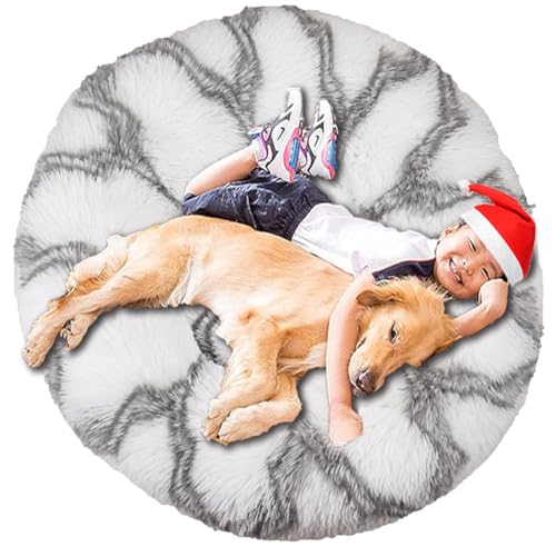 Intohou Flauschiges Donut-Hundebett, Anti-Angst, beruhigend, Plüsch-Hunde, rundes Kissen für Haustiere, Ø 40 cm, strukturiert, Weiß / Grau von Intohou