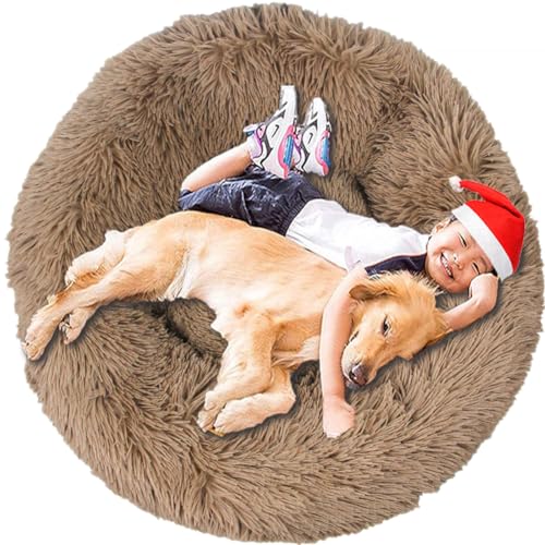 Intohou Flauschiges Donut-Hundebett, Anti-Angst, beruhigend, Plüsch-Hunde, rundes Kissen für Haustiere, Ø 90 cm, Khaki von Intohou