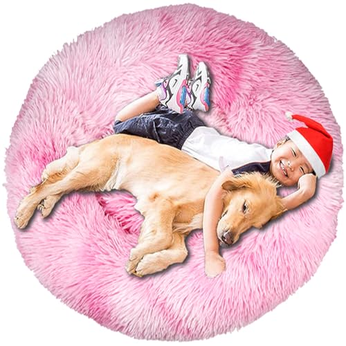 Intohou Flauschiges Donut-Hundebett, Anti-Angst, beruhigend, Plüsch-Hunde, rundes Kissen für Haustiere (Ø 110 cm, Batik-Rosa) von Intohou