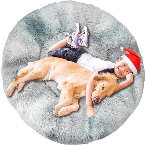 Intohou Flauschiges Donut-Hundebett, Anti-Angst, beruhigend, Plüsch-Hunde, rundes Kissen für Haustiere (Ø 110 cm, Batikfärbung, Hellgrau) von Intohou