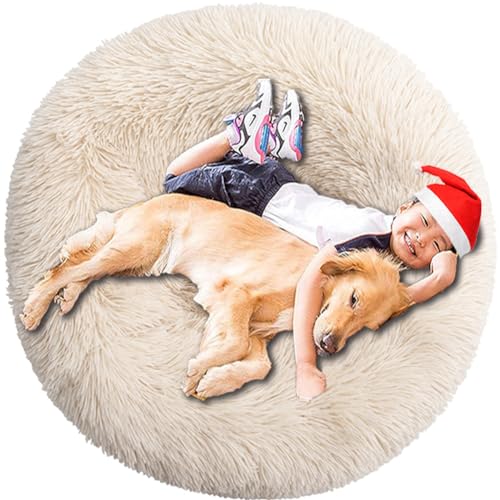 Intohou Flauschiges Donut-Hundebett, Anti-Angst, beruhigend, Plüsch-Hunde, rundes Kissen für Haustiere (Ø 110 cm, Hellbraun) von Intohou