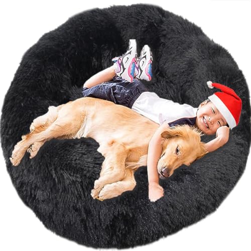 Intohou Flauschiges Donut-Hundebett, Anti-Angst, beruhigend, Plüsch-Hunde, rundes Kissen für Haustiere (Ø 110 cm, Schwarz) von Intohou