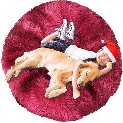 Intohou Flauschiges Donut-Hundebett, Anti-Angst, beruhigend, Plüsch-Hunde, rundes Kissen für Haustiere (Ø 120 cm, Batikfärbung, Burgunderrot) von Intohou
