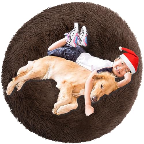 Intohou Flauschiges Donut-Hundebett, Anti-Angst, beruhigend, Plüsch-Hunde, rundes Kissen für Haustiere (Ø 80 cm, Kaffee) von Intohou
