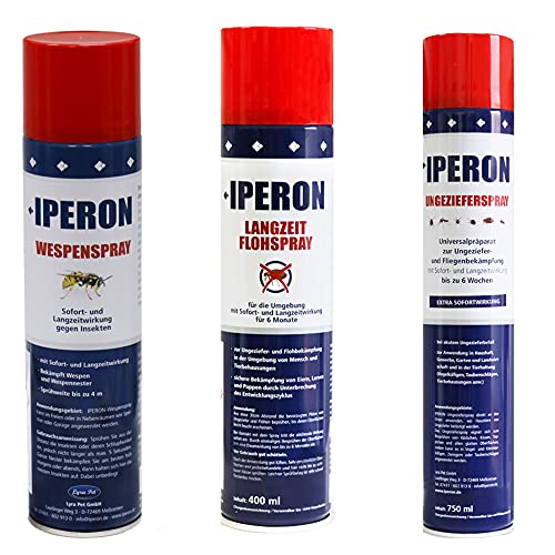 IPERON® 2 x 750 ml Ungezieferspray + 2 x 400 ml Langzeit Flohspray + 2 x 400 ml Wespenspray im SET mit Sofort- und Langzeitwirkung Insektenschutz Parasiten Flöhe Abwehrspray gegen Wespen + Zeckenhaken von Iperon