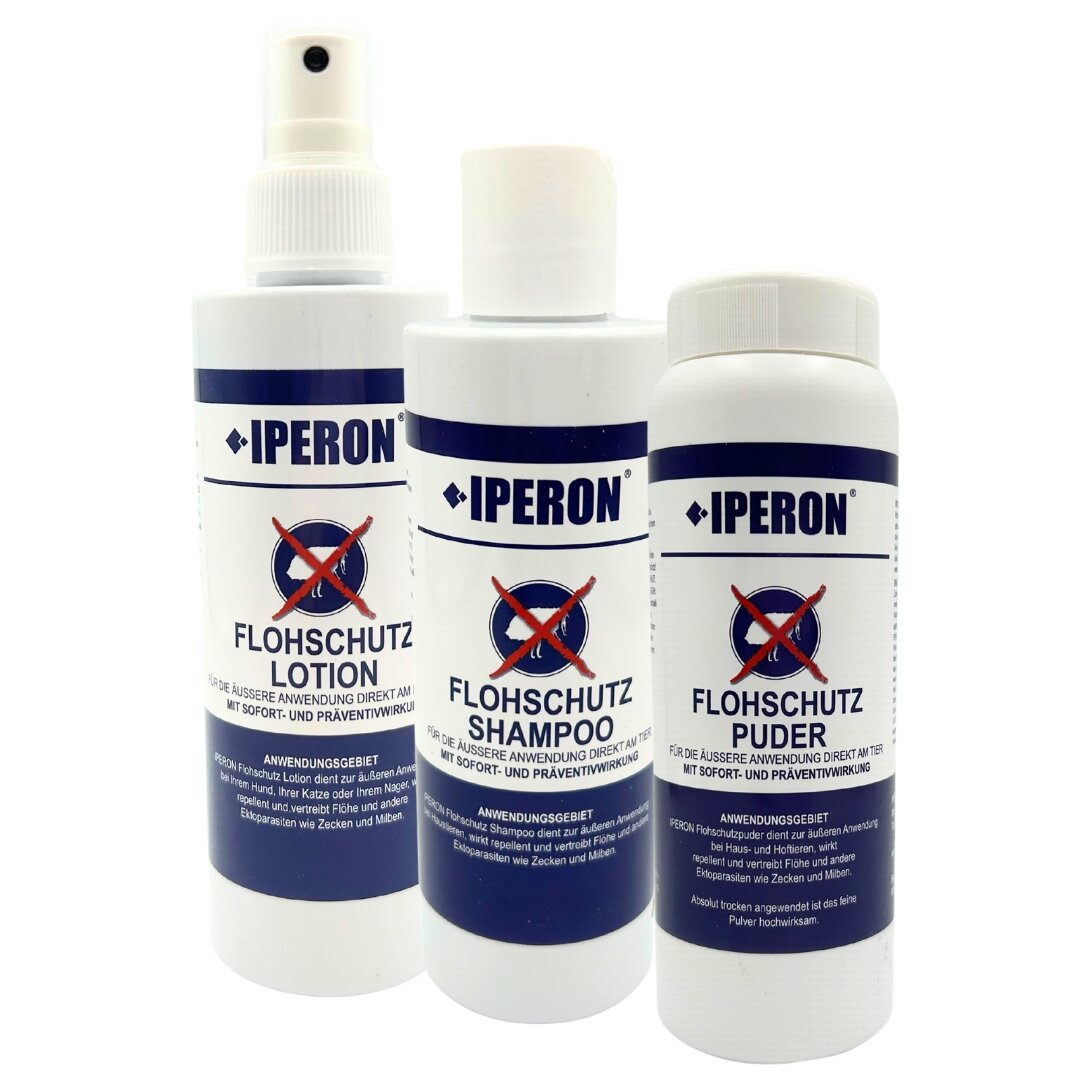 IPERON® Flohschutz Trio - 200 ml Lotion, 200 ml Shampoo & 100 g Puder im Set von Iperon