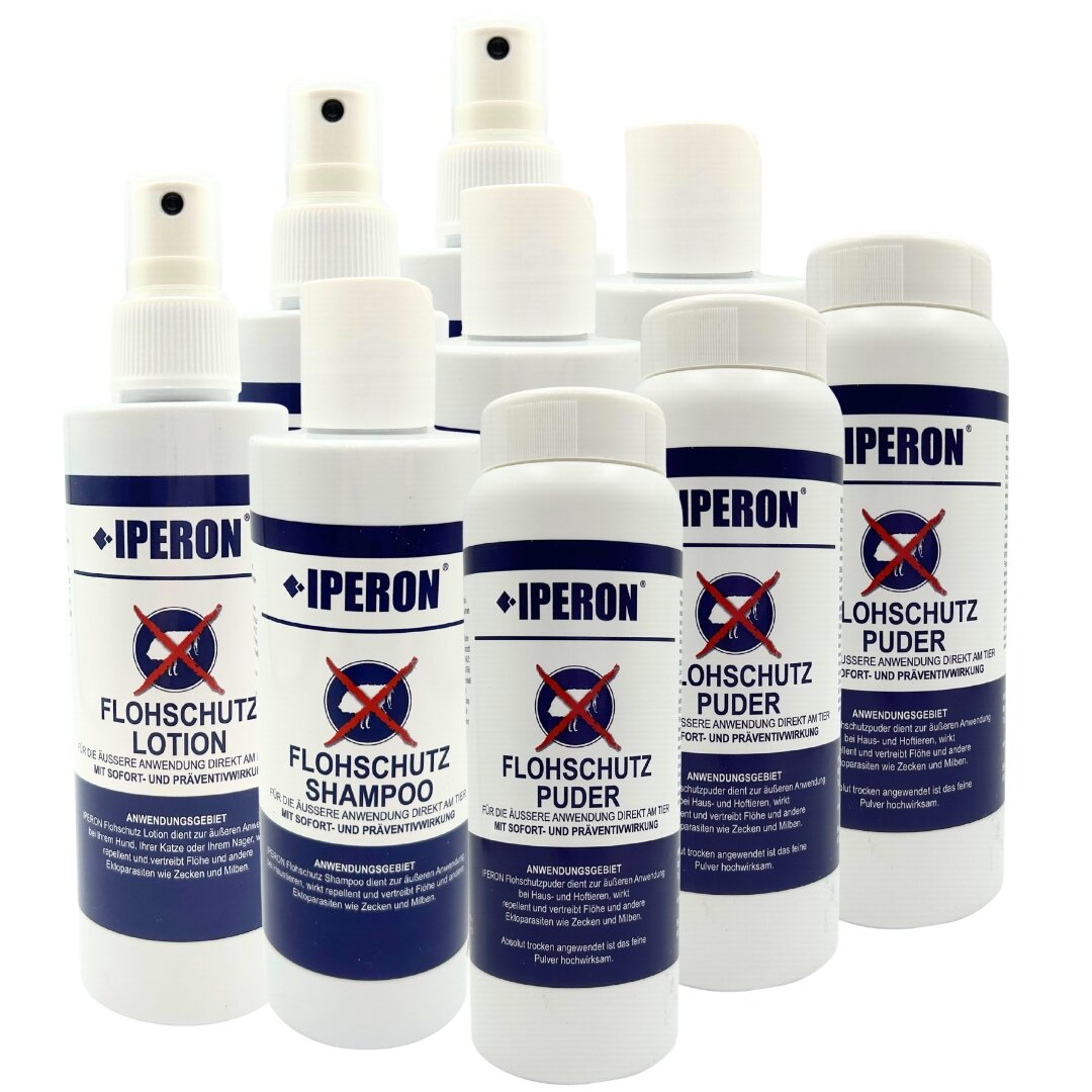 IPERON® Flohschutz Trio - je 3 x 200 ml Lotion, 200 ml Shampoo & 100 g Puder im Set von Iperon