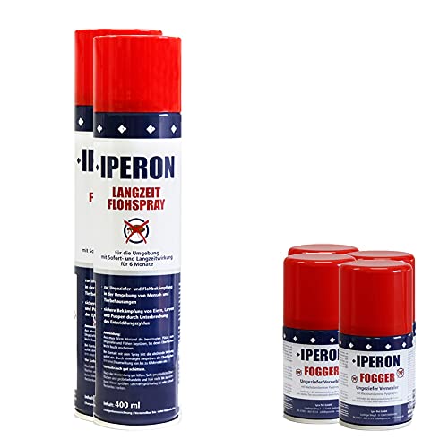 IPERON® 12 x 200 ml Fogger Ungeziefervernebler + 12 x 400 ml Langzeit Flohspray im Set mit Sofort- und Langzeitwirkung Insektenschutz Parasiten Flohschutz Flöhe Ungeziefer von Iperon