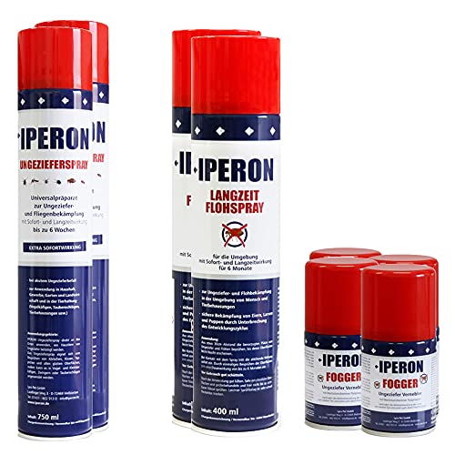 Iperon® 12 x 750 ml Ungezieferspray + 12 x 200 ml Fogger + 12 x 400 ml Flohspray im Set mit Sofort- und Langzeitwirkung + Zeckenhaken Schutz bis zu 6 Wochen Bekämpfung Insekten- und Ungeziefer Befall von Iperon
