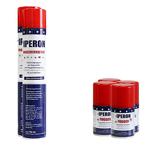 Iperon® 12 x 750 ml Ungezieferspray + Fogger 12 x 200 ml im Set mit Sofort- und Langzeitwirkung Insektenschutz und Abwehr effektiv bei Befall von Flöhen + Zeckenhaken von Iperon