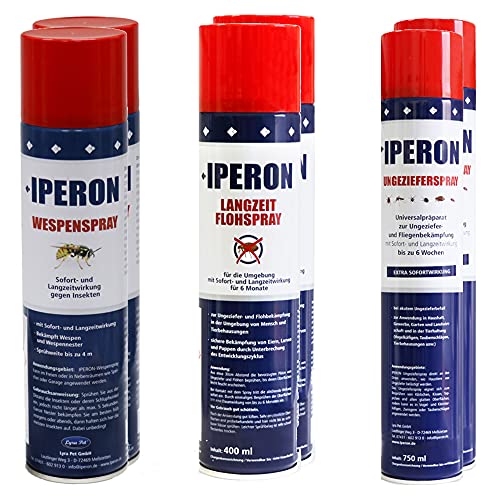 IPERON® 2 x 750 ml Ungezieferspray + 2 x 400 ml Langzeit Flohspray + 2 x 400 ml Wespenspray im Set mit Sofort- und Langzeitwirkung Insektenschutz Parasiten Flöhe Abwehrspray gegen Wespen von Iperon