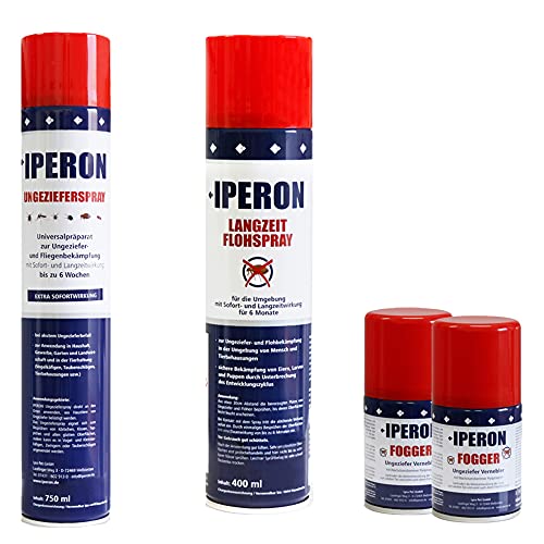 Iperon® 750 ml Ungezieferspray + 200 ml Fogger + 400 ml Flohspray im Set mit Sofort- und Langzeitwirkung + Zeckenhaken Schutz bis zu 6 Wochen Bekämpfung Insekten- und Ungeziefer Befall akut von Iperon