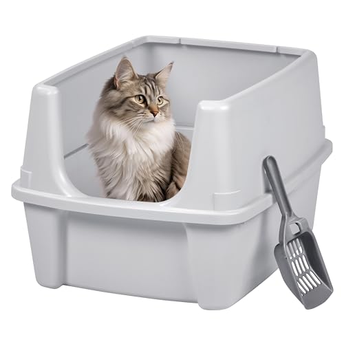 IRIS USA Große Katzentoilette mit Streuschild und Schaufel, Oben offen, hohe Seiten, silberfarben von Iris Ohyama