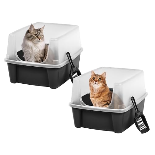 IRIS USA Große Katzentoiletten mit Streuschutz und Schaufel, Oben offen, hohe Seiten, Schwarz, 2 Stück von Iris Ohyama