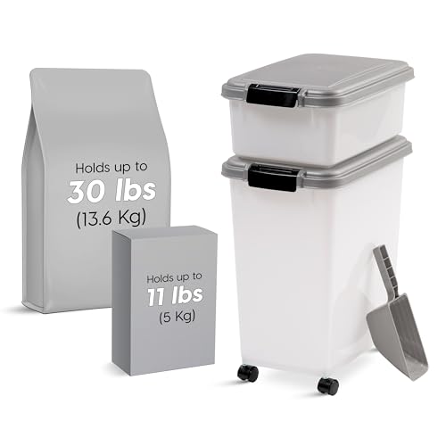 IRIS USA Hundefutter Vorratsbehälter 13.6 kg & 5.0 kg Combo Katzenfutter Vorratsbehälter Hund Leckerli Behälter Luftdicht Stapelbar 2 Tassen Schaufel Rollen Einfache Mobilität Silber von Iris Ohyama