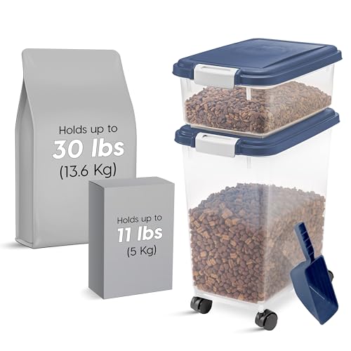 Iris Ohyama, Luftdichte Futterbox aus Kunststoff für Tiere mit Rädern, Schaufel und Klappdeckel, 2er-Pack, 30 l/11,3 kg, MP-8/MP-1, Graublau von Iris Ohyama