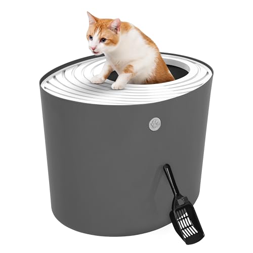 Iris USA Große stilvolle runde Katzentoilette mit Schaufel, Gebogene Katzentoilette mit Streupartikel, gerillter Abdeckung und Sichtschutzwänden, Dunkelgrau/Weiß von Iris Ohyama