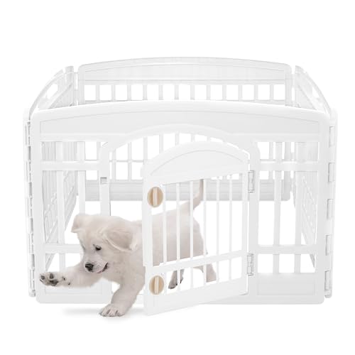 Iris Ohyama Welpenauslauf mit 4 Paneelen und abschließbarer Tür, H60cm, Weiß, Katzengehege, Hundebox, Für Outdoor, Indoor, Welpenlaufstall, Hundezaun, Welpenzaun, Laufstall Hund, CI-604E WD von Iris Ohyama