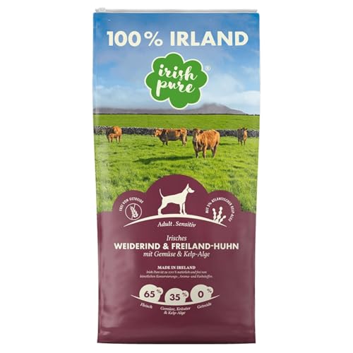 Irish Pure Trockenfutter Adult | 12kg | Weiderind & Freiland-Huhn mit Kelp-Alge | Hoher Fleischanteil | Getreidefrei | Sensitiv | Hundetrockenfutter | Hundefutter für alle Rassen von Irish Pure