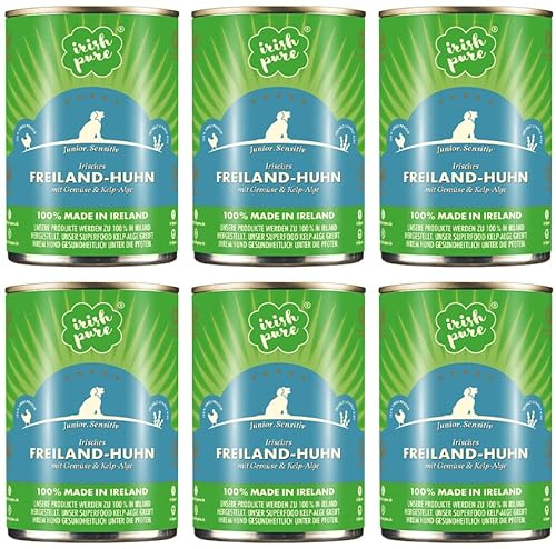 Irish Pure Premium Junior Nassfutter für Hunde | 6 x 390g | Freiland-Huhn | Vitamine | Getreidefrei | Sensitiv | mit Superfood Kelp-Alge | Nassfutter für alle Rassen von Irish Pure