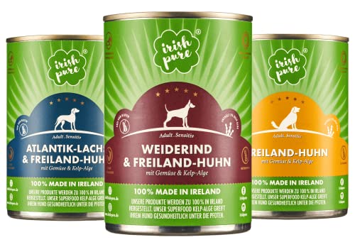 Irish Pure Premium Nassfutter für Hunde | Gemischt 3X 390g | Atlantik-Lachs, Weiderind, Freiland-Huhn | Vitamine | Getreidefrei | Sensitiv | mit Superfood Kelp-Alge | Nassfutter für alle Rassen von Irish Pure