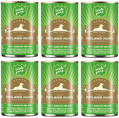 Irish Pure Premium Senior Nassfutter für Hunde | Freiland-Huhn | Vitamine | Getreidefrei | Sensitiv | mit Superfood Kelp-Alge | Nassfutter für alle Rassen (6 x 390g) von Irish Pure