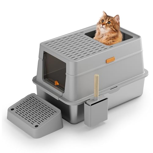 Katzenklo mit Deckel, Edelstahl 3-in-1-Katzenklo-Set, 25L große Katzentoilette mit Filterstufen und Schaufel, vollständig geschlossen und halb geschlossen (Light Grey) von Irrun