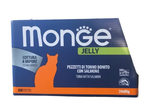 Monge Jelly Natural Superpremium Qualität Bonito Thunfischstücke mit Lachs für Katzen, Dampfgaren, 24 Dosen (80 g), ohne Farb- und Konservierungsstoffe von Italy