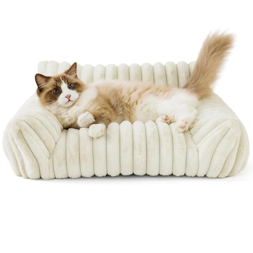 Waschbares Haustierbett für kleine Katzen und Hunde, weiches, flauschiges Katzenbett, gemütliches Hundebett mit Kopf-Nacken-Stütze, rutschfeste Unterseite, maschinenwaschbar, weiß, 60 x 45 x 20 cm von Itoyx