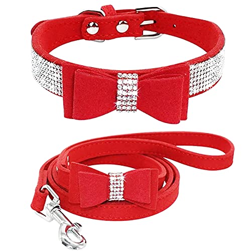 Hundehalsband Mit Leine Set Haustierhalsbänder und Leinen Verstellbare Hundekatze Bowknot Kristall Hundehalsband für Kleine Hunde Mittelgroße Hunde von Izefia