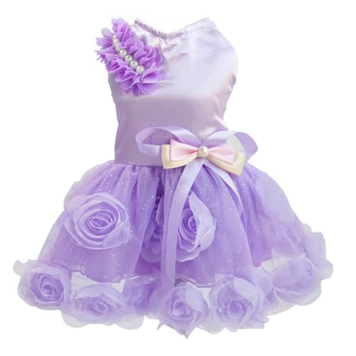 Hundekleid Luxus Welpenrock Hundekleidung Prinzessin Kleider Hochzeitsabendkleid Tutu Rock Rose Blume Bowknot Kleid für Kleine Hundemädchen Lila M von Izefia