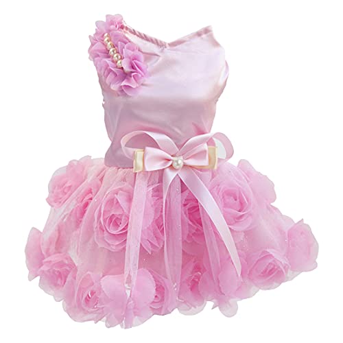 Hundekleid Luxus Welpenrock Hundekleidung Prinzessin Kleider Hochzeitsabendkleid Tutu Rock Rose Blume Bowknot Kleid für Kleine Hundemädchen Pink M von Izefia