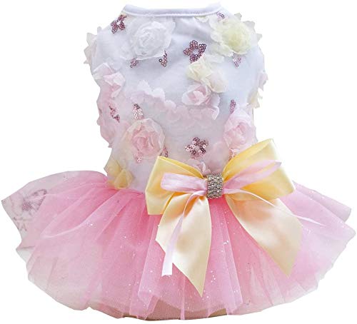 Hundekleid Welpenrock Hundeprinzessin Kleider Ballett Tutu Blume Hochzeit Spitze Kleid Luxus Bogen Kleid für kleine Hundemädchen (M, Pink) von Izefia