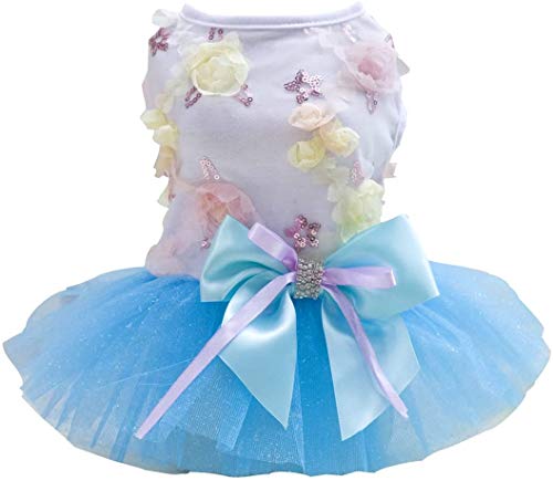Hundekleid Welpenrock Hundeprinzessin Kleider Ballett Tutu Blume Hochzeit Spitze Luxus Bogen Kleid für kleine Hundemädchen S Blau von Izefia