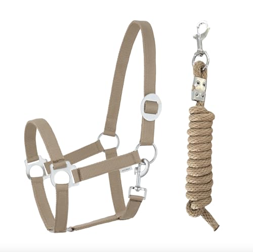 Halfter Führstrick Set mit Karabinerhaken verstellbar Pferdehalfter Pferd Holzpferd Anbindestrick (Karabinerhaken Khaki, Mini Shetty) von JA Horse