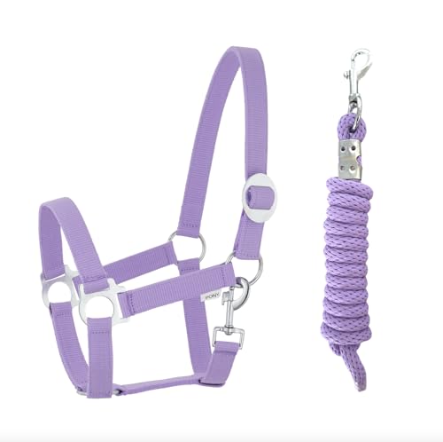 Halfter Führstrick Set mit Karabinerhaken verstellbar Pferdehalfter Pferd Holzpferd Anbindestrick (Karabinerhaken Lavender, Mini Shetty) von JA Horse